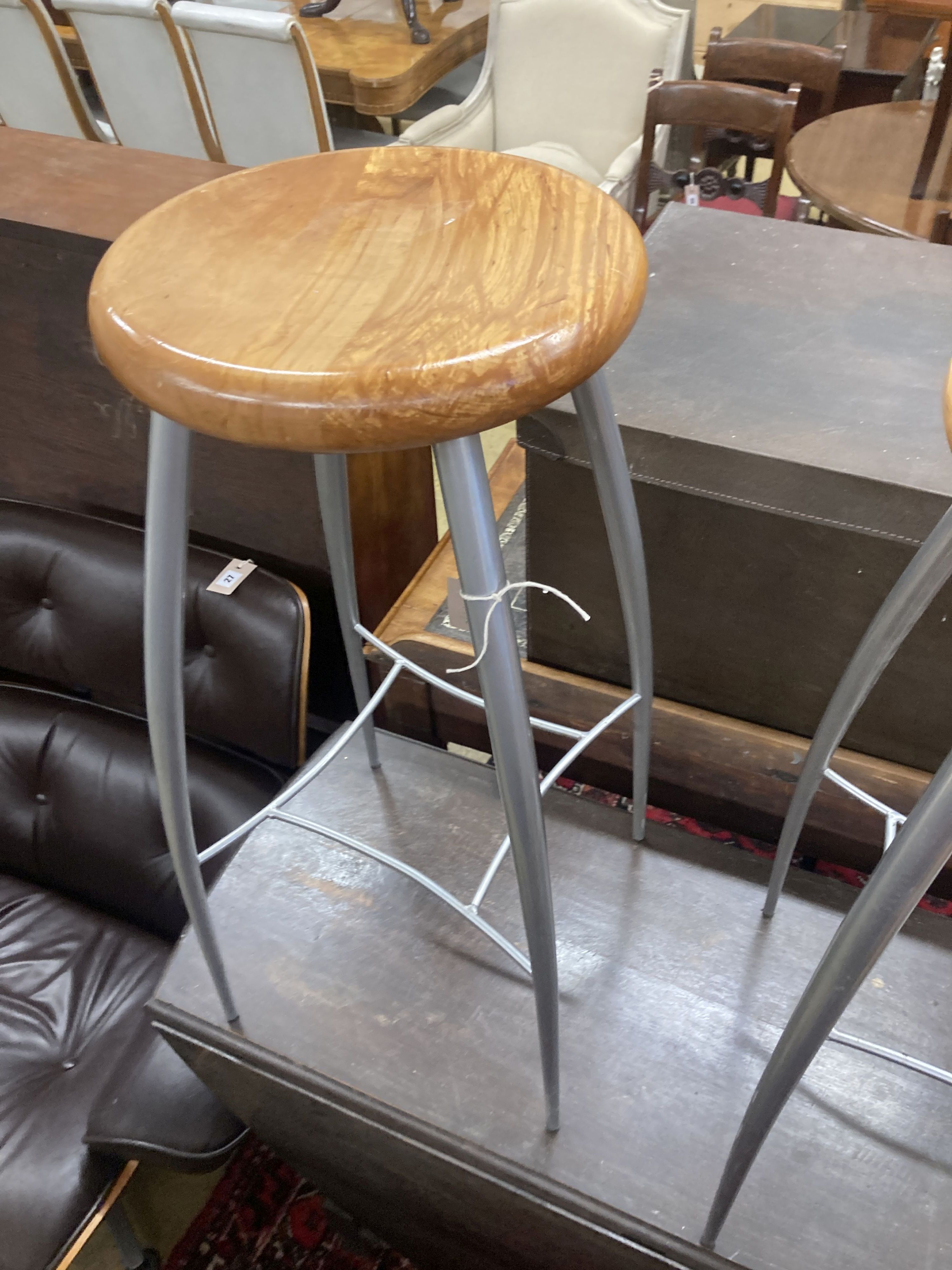 A pair of contemporary silvered metal bar stools, height 73cm